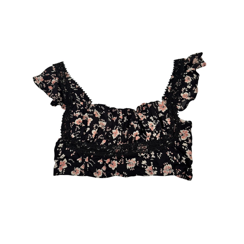Free People Floral Lace Trim Smocked Crop Top Boho Festival Size 8